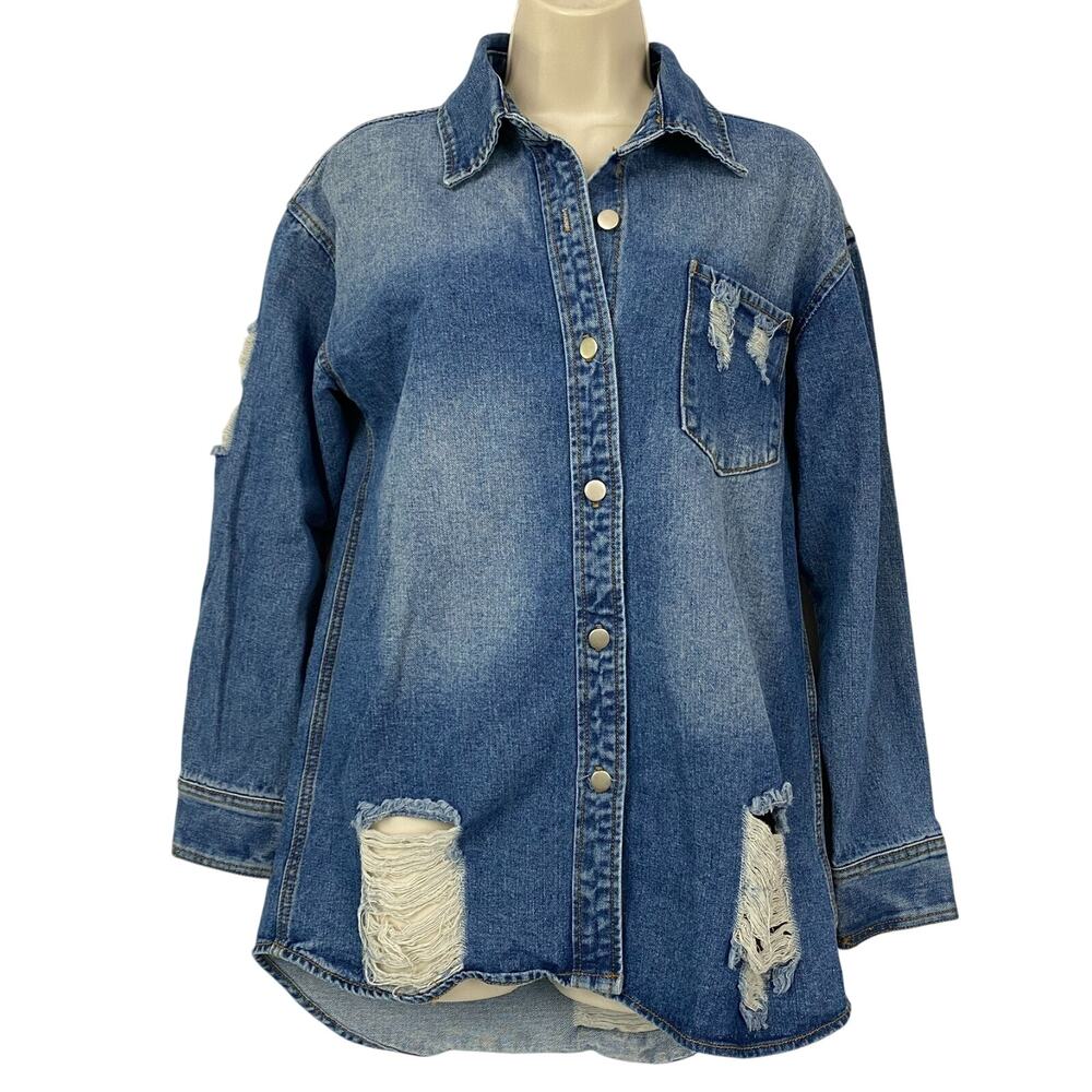 Veveret Denim Jacket Women Small Distressed Shirt Chore Coat Western Cabincore